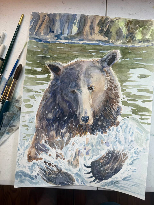 Grizzer In Water - Original Artwork